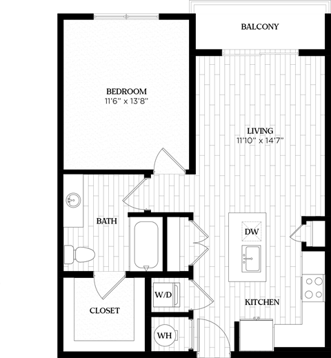 Floor plan for 1 bed, 1 bath, 741 sqft